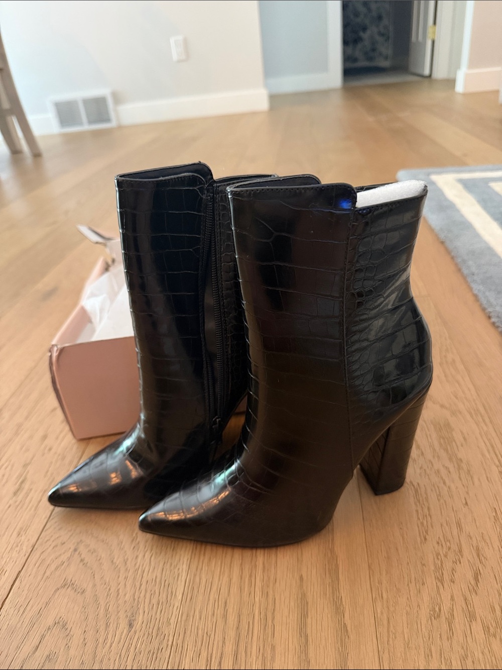 Croc-Embossed Black Pointed Toe Block Heel Ankle Boots